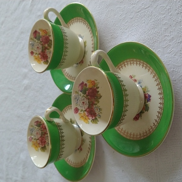 Steubenville vintage demitasse coffee Expresso cups set of 3 apple green floral - Picture 1 of 5
